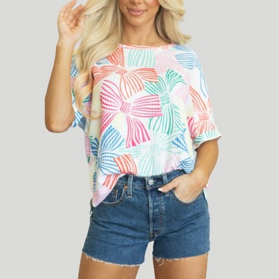Amaryllis Women’s Textured Knit Top Short Sleeve Relaxed Fit Crew Neck Playful Bow Print Lightweight