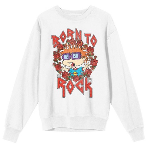 Rugrats Chuckie Born To Rock Roses Crew Neck Long Sleeve Women s White Sweatshirt XL