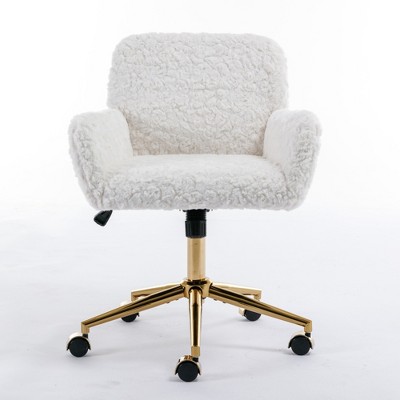 PDTEND Faux Fur Office Chair with Gold Metal Base, Adjustable Swivel Desk Chair for Home or Vanity Use