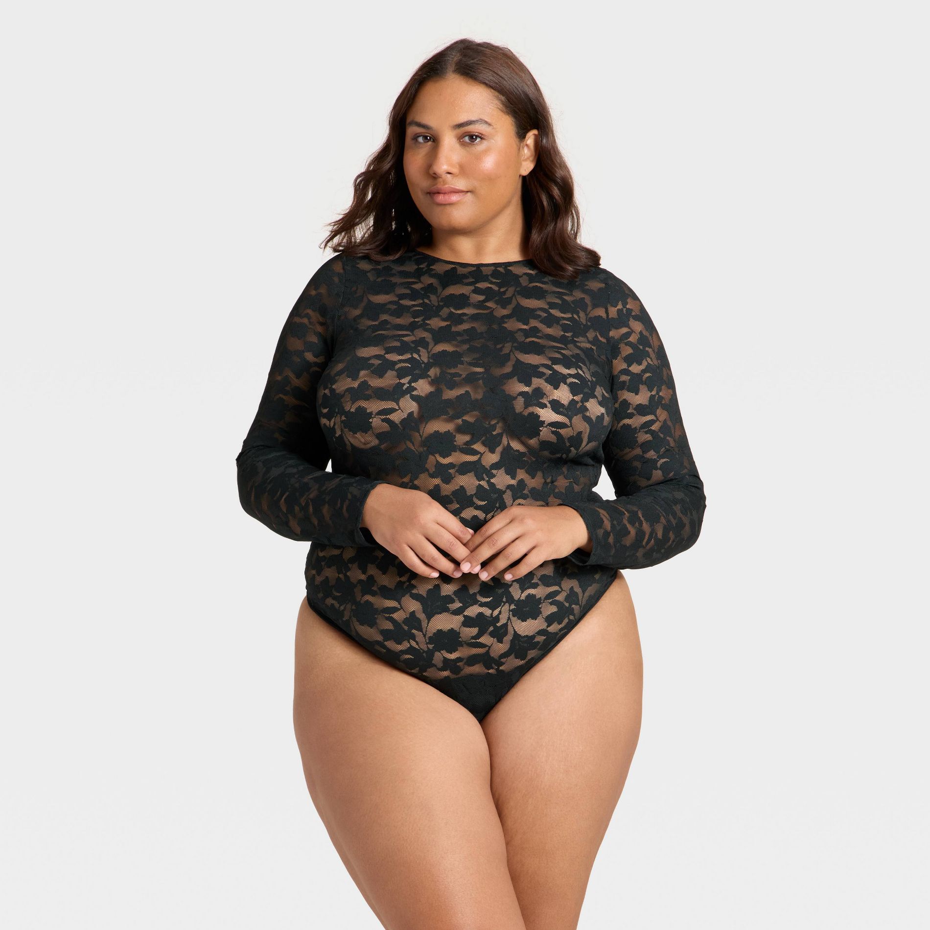 Women's Shadow Floral Lace Longsleeve Lingerie Bodysuit - Auden™