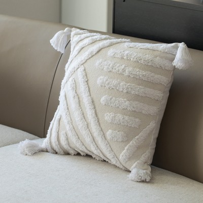 16" Boho Chic White Cotton Tufted Throw Pillow with Tassel Accents