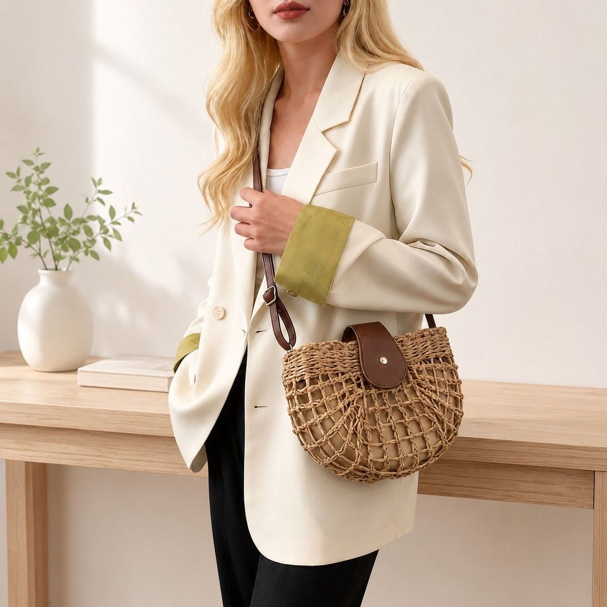 Alilang Woven Straw Crescent Crossbody Handbag with Adjustable Shoulder Strap - thumbnail 7