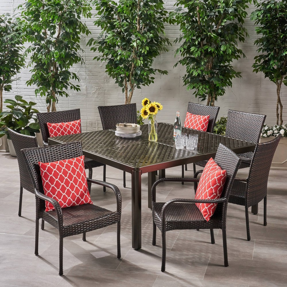 Photos - Dining Table 9pc Bullpond Aluminum Wicker Patio Dining Set Black - Christopher Knight Home