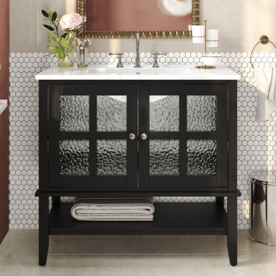NicBex 36" Freestanding Vanity with Textured Glass Doors & Open Shelf, Modern Bathroom Vanity with Ceramic Sink, Waterproof Painted Finish