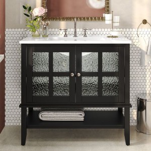 NicBex 36" Freestanding Vanity with Textured Glass Doors & Open Shelf, Modern Bathroom Vanity with Ceramic Sink, Waterproof Painted Finish - 1 of 4