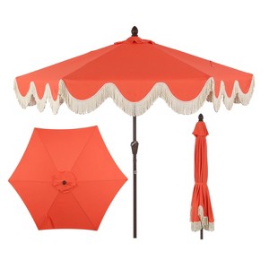 JONATHAN Y Collins 9 ft. Classic Cottage Tassel Market Patio Umbrella with Auto-Tilt, Crank, Wind Vent and UV Protection - 1 of 4