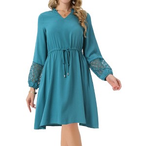 INSPIRE CHIC Women's Long Lace Sleeve Ruffle V Neck Drawstring Waist Flowy Boho Knee Length Dress - 1 of 4