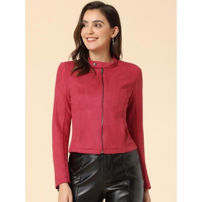 INSPIRE CHIC Women's Faux Suede Stand Collar Zip Up Long Sleeve Moto Biker Jacket Small Red — фото 2