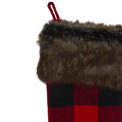19" Red and Black Buffalo Plaid Christmas Stocking with Faux Fur Trim