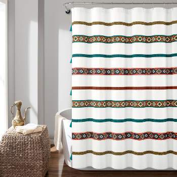 72"x72" Ava Boho Striped Tassel Yarn Dyed Eco-Friendly Recycled Cotton Shower Curtain Turquoise/Orange - Lush Décor