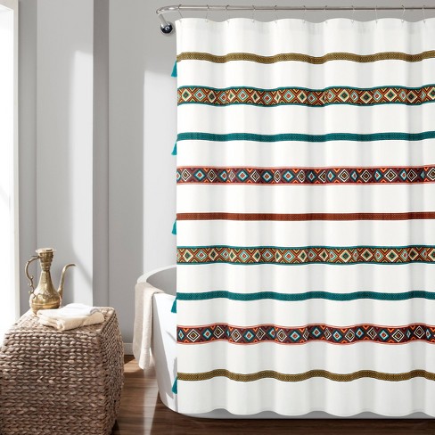 72"x72" Ava Boho Striped Tassel Yarn Dyed Eco-Friendly Recycled Cotton Shower Curtain Turquoise/Orange - Lush Décor - image 1 of 3