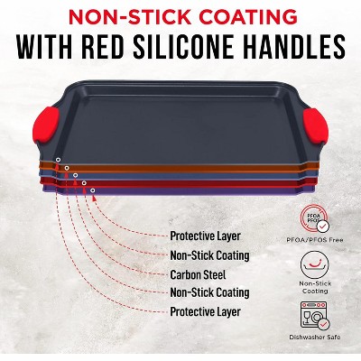 3-Piece Non-Stick Carbon Steel Baking Sheet Pan Set with Red Silicone Handles