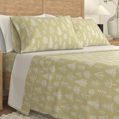 Twin Sage and Red Cotton Flannel Sheet Set