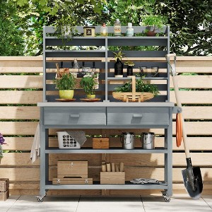 64.9"H Outdoor Potting Bench Table, Solid Fir Wood Kitchen Island with Stainless Steel Top, Upper Hutch & Storage - ModernLuxe - 1 of 4