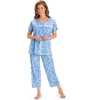 Collections Etc Lace Trim Floral Print 2-Piece Capri Pajama Set
