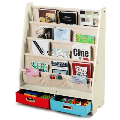 Costway Kids Book Rack Toys Organizer with 4 Sling Bookshelf & 2 Boxes Beige
