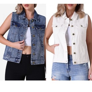 INSPIRE CHIC Women's Sleeveless Turndown Collar Button Down Chest Flap Pockets Washed Denim Vest 2 Packs - 1 of 4