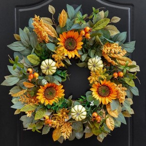 Attop Fall Wreath for Front Door 24 Inch Artificial Sunflower and Pumpkin Fall Wreath with Berries, Autumn Harvest Fall Wreaths - 1 of 4