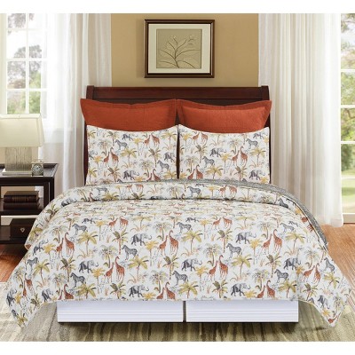 King Size Cotton Reversible Boho Jungle Print Quilt Set