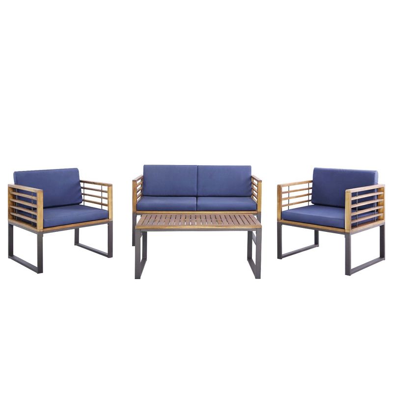 Costway 4pcs Patio Acacia Wood Chair Table Loveseat Cushioned Furniture Set Outdoor Navy, 4 of 10