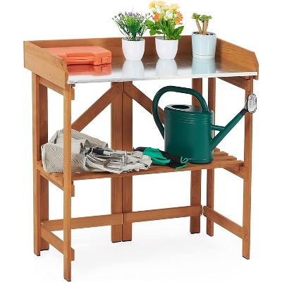 Folding Potting Bench Outdoor Solid Wood Foldable Garden WorkBench Station for Planting Horticulture with Shelves