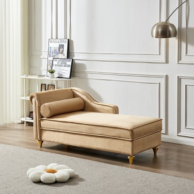Modern Velvet Chaise Lounge Chair w/Storage&Round Pillow,Soft Upholstery,Easy Assembly,Stylish Gold Legs, for Bedroom, Living Room