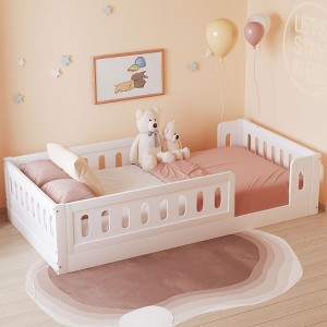 CAVINAS Twin Size Solid Wood Platform Bed Frame with Guardrail,Modern Floor Bed for Kids Room,Bedroom - 1 of 4