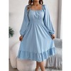 Women's Square Neck Long Sleeve Wrap Waist Ruffle Hem A-Line Dress Elegant Flowy Floral Printed Party Dress - 4 of 4