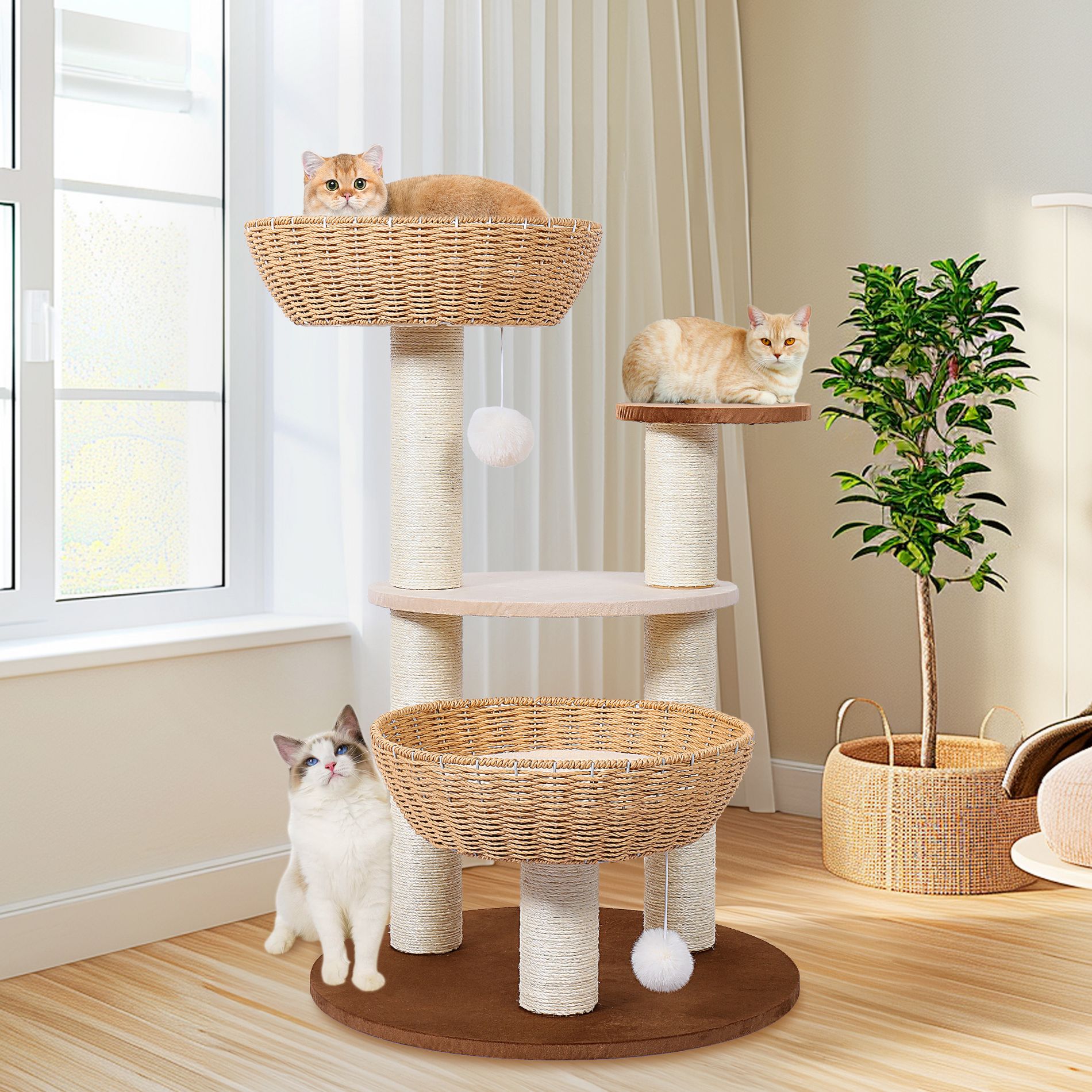 Bekrvio 34" Cat Tree Tower for Indoor Cats,Boho Cat Tree with Wicker Basket Bed & Sisal Scratching Posts,Modern Cat Condo for Large Cats,Up to 20 lbs