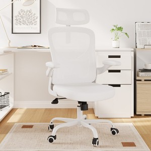 Lirago Mesh Office Chair w/Headrest - Adjustable Lumbar & Flip-Up Armrests, White - 1 of 4