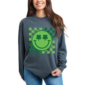 S.W.Smiley Clover Eyes Smiley - Women's Garment Dyed Long Sleeve Graphic T-Shirt - 1 of 4