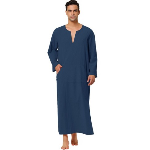 Lars Amadeus Men's Cotton V-Neck Side Split Long Night Gown with Pocket  Navy Blue Large