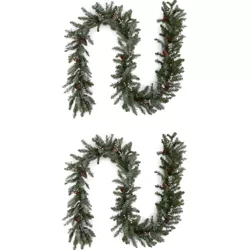 National Tree Company Snowy Morgan Spruce 9' Prelit Artificial Holiday Garland w/ Pine Cones, Berries & 100 Twinkly Multicolored LED Lights (2 Pack)
