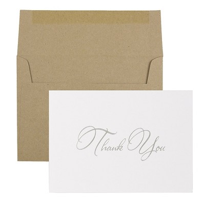 JAM Paper Thank You Card Sets Silver Script Cards w/Kraft Envelopes D41115NPMB