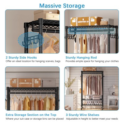 Black Portable Rolling Clothes Rack with Gray Cover