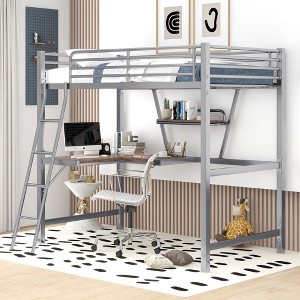 CAVINAS Twin Size Loft Bed with Desk Modern Metal Bed Frame with Storage Shelf and Inclined Ladder for Bedroom - 1 of 4