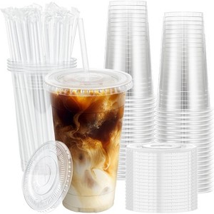 Attop 100 Pack 20 oz Clear Plastic Cups with Lids and Straws, Disposable Iced Coffee Cups with Lids for To-Go Cold Drinks - 1 of 4