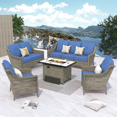 XIZZI 5 Pieces Furniture Set with Fire Pit Table, All Weather PE Conversation Set with 3 Seater Sofa, Loveseat and High Back Rattan Chairs