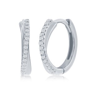 Bella Silver Sterling Silver 'X' Deisgn CZ 15mm Huggie Hoop Earrings - Silver - 1 of 2