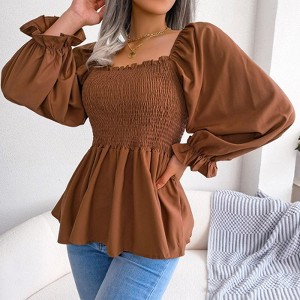 Coolmee Women Casual Square Neck Shirred Lantern Long Sleeve Frill Trim Flared Hem Blouse Shirt Tops - 1 of 4