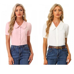INSPIRE CHIC Women's Peter Pan Collar Puff Short Sleeve Button Cuff Elegant Blouse 2 Packs - 1 of 4