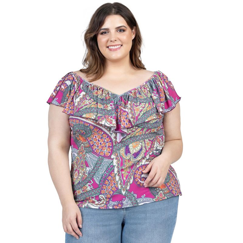 24seven Comfort Apparel Womens Cap Sleeve Pink Paisley Print Ruffle V Neck Plus Size Top, 5 of 7