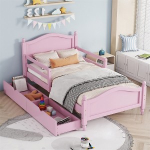 Twin/Full Size Wooden Bed Frame, Platform Bed Frame with 2 Storage Drawers and Guardrail, Wood Slats Support, No Box Spring Needed Wh - 1 of 4