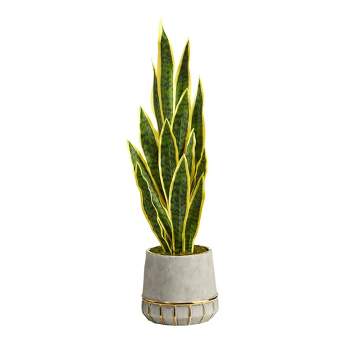 Nearly Natural 34-in Sansevieria Artificial Plant in Stoneware Planter with Gold Trimming