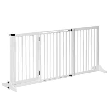 PawHut Adjustable Wooden Pet Gate, Freestanding Dog Fence for Doorway Hall, 3 Panels w/ Safety Barrier Lockable Door