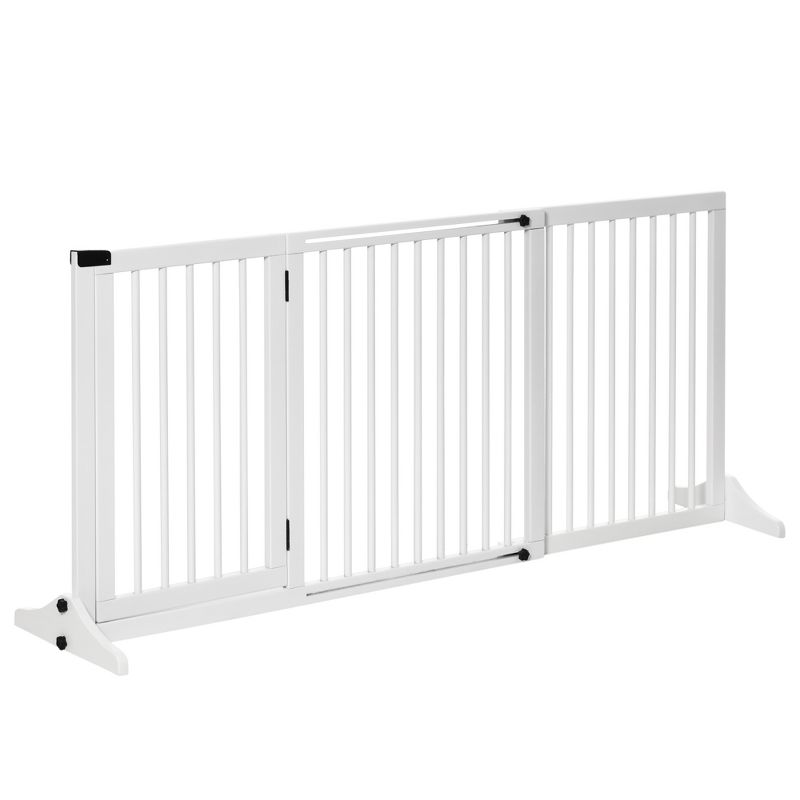 PawHut Adjustable Wooden Pet Gate, Freestanding Dog Fence for Doorway Hall, 3 Panels w/ Safety Barrier Lockable Door, 1 of 7