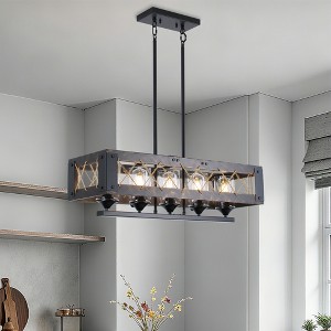 31.5" Farmhouse Industrial Rope Chandelier with Metal Cage Frame, 5-Light Fixture, Adjustable Chain for Dining Room, Kitchen, or Living Space,Black - 1 of 4