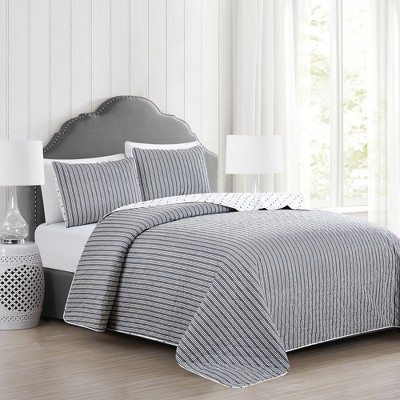 King Gray Microfiber Reversible Striped Quilt Set
