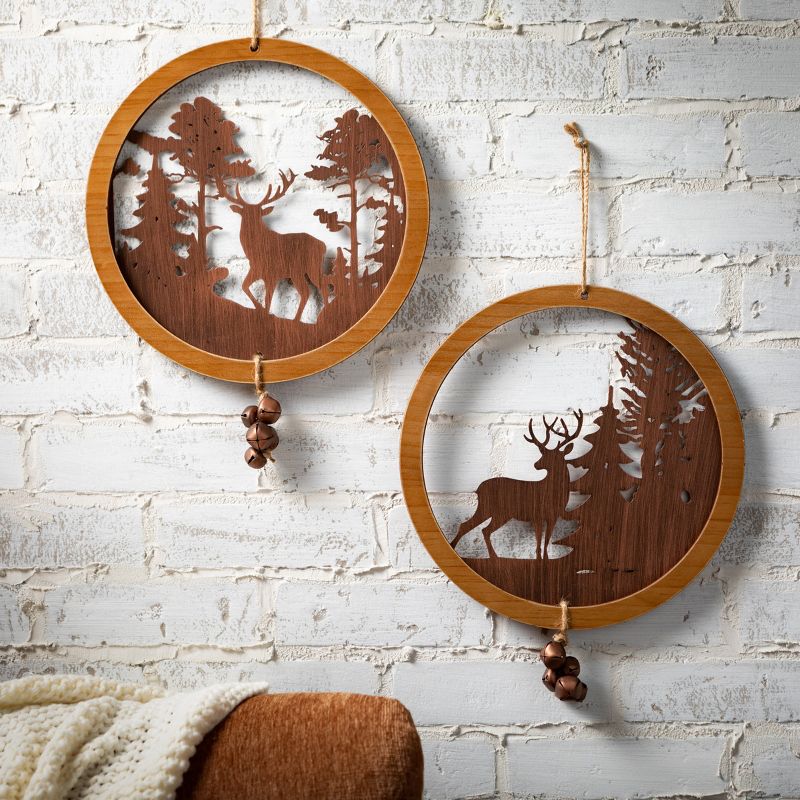14.25"H Sullivans Round Wood Deer Wall Decor - Set of 2, Multicolored, 3 of 4