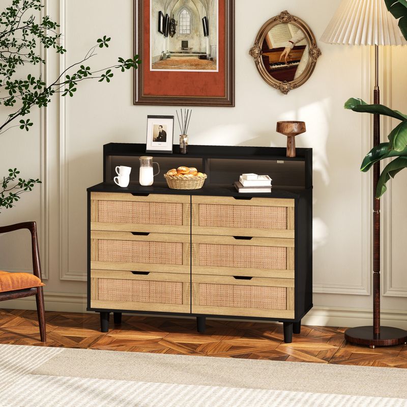 43.31" 6-Drawers Rattan Dresser, Storage Cabinet with LED Lights and Power Outle 4M - ModernLuxe, 1 of 9